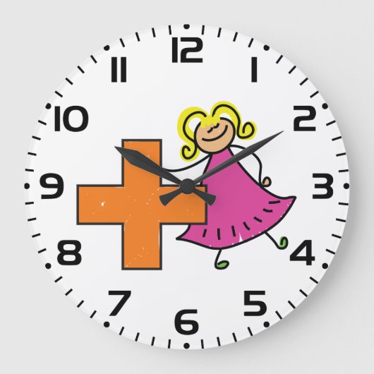 Niedliches Strichmännchen Girl mit Plus-Zeichen Große Wanduhr (Vorderseite)