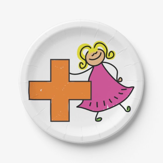 Niedliches Strichmännchen Girl mit Plus-Zeichen Pappteller (Vorderseite)