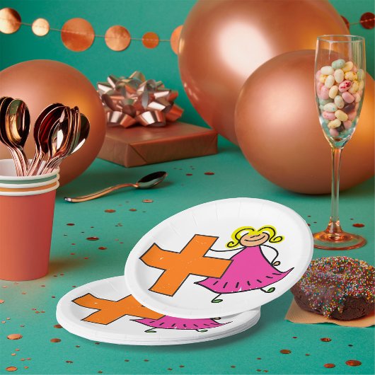 Niedliches Strichmännchen Girl mit Plus-Zeichen Pappteller