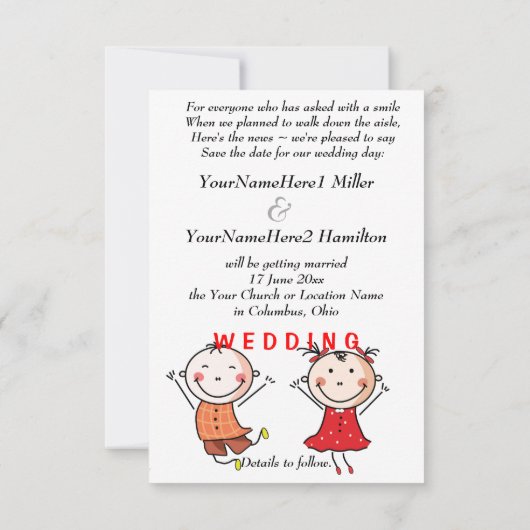 Niedliches Strichmännchen Save the Date Einladung (Rückseite)