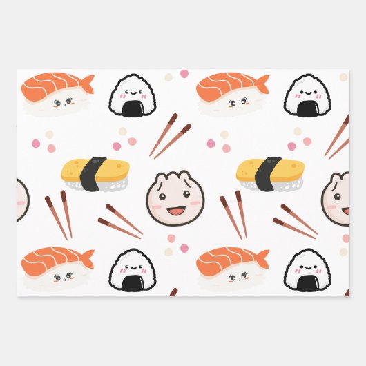 Niedliches Sushi & Dumpling-Papier - weiß Geschenkpapier Set (Vorderseite)