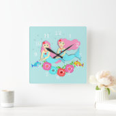 Niedliches Swimming Mermaids Thema Quadratische Wanduhr (Zuhause)