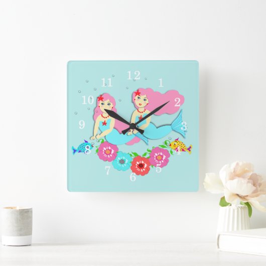 Niedliches Swimming Mermaids Thema Quadratische Wanduhr (Zuhause)