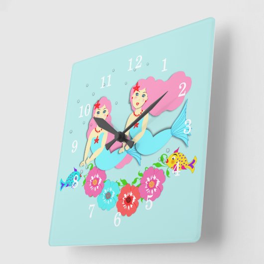 Niedliches Swimming Mermaids Thema Quadratische Wanduhr (Winkel)