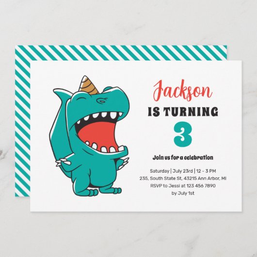 Niedliches T-Rex Einhorn Kinder Dinosaurier Geburt Einladung (Vorne/Hinten)