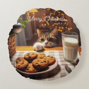 Niedliches Tabby Cat Erlernen von Cookies Weihnach Rundes Kissen