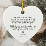 Niedliches Tante Geschenk von Niece Nephew Tante W Keramik Ornament<br><div class="desc">Feiern Sie die besondere Bindung zwischen einer Tante und ihrer Nichte oder Neffe mit dem Niedlichen Tante Geschenk aus Nichte Nephew Tante Weihnachtsgeschenk Keramik Ornament. Dieses charmante Ornament besticht durch eine Vintage Schreibmaschinenschrift und eine nostalgische und herzliche Touch. Es ist wie ein Herz geformt und dient als wunderschöner Sake, der...</div>
