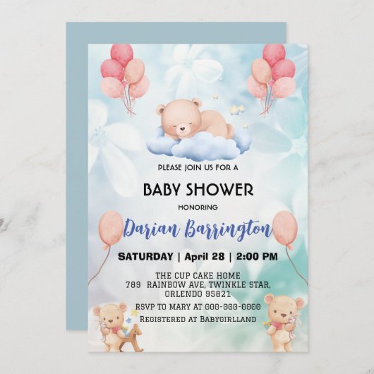niedliches Teddy Bear Blume Ballon Babydusche Part Einladung (Vorne/Hinten)