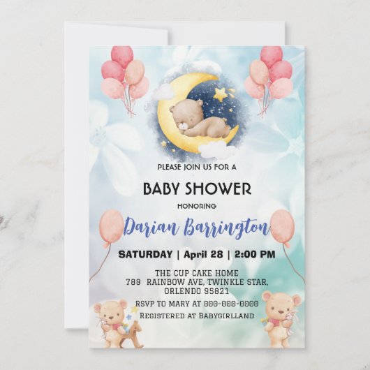 niedliches Teddy Bear Blume Ballon Babydusche Part Einladung (Vorderseite)