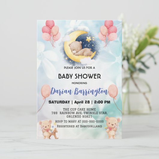 niedliches Teddy Bear Blume Ballon Babydusche Part Einladung (Stehend Vorderseite)