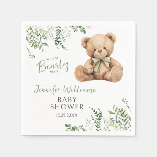 Niedliches Teddy Bear Bow Greenery Baby Boy Shower Serviette (Vorderseite)