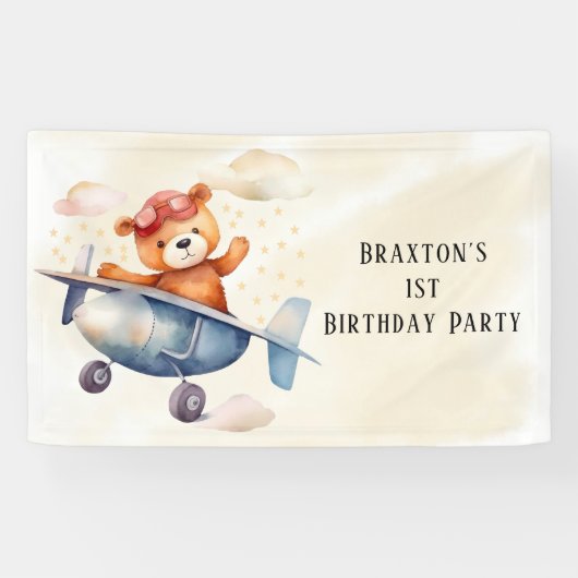 Niedliches Teddy Bear Flugzeug 1. Geburtstag Party Banner (Horizontal)
