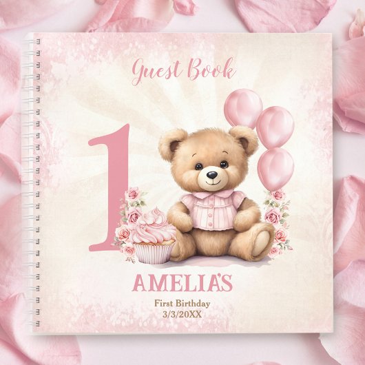 Niedliches Teddy Bear Girl Birthday Pink Gästebuch Notizblock