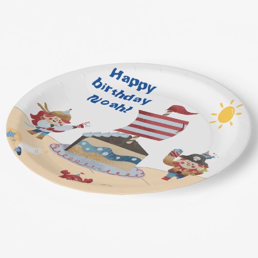 Niedliches Thema für blaue und rote Piraten Pappteller (Schrägansicht)