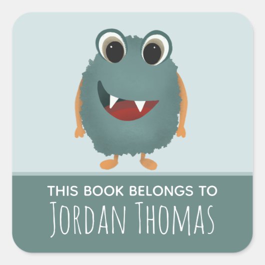 Niedliches "This Book Belongs" Blue Monster Buchze Quadratischer Aufkleber (Vorderseite)