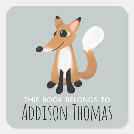 Niedliches "This Book Belongs" Fox Kids Buchzeiche Quadratischer Aufkleber (Vorderseite)