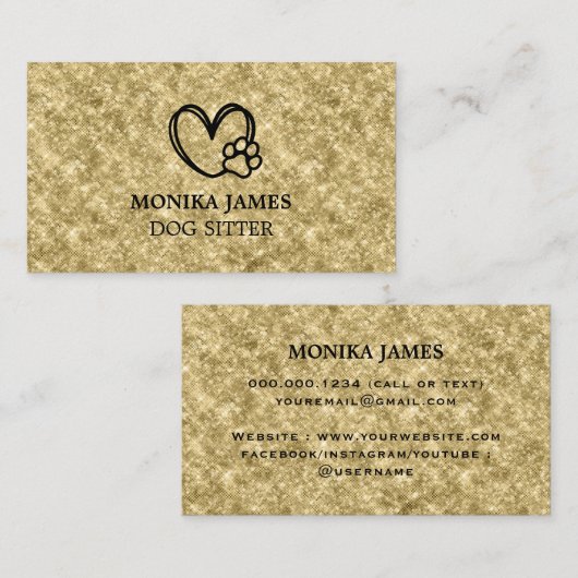 Niedliches Tier Sitzen Hundepaws Logo Gold Glitzer Visitenkarte (Vorne/Hinten)