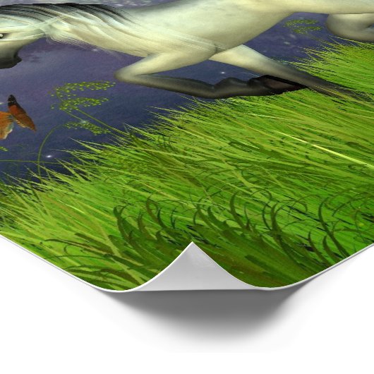 Niedliches Toon Unicorn mit Holzlandschaft Poster (Ecke)