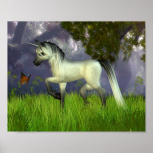 Niedliches Toon Unicorn mit Holzlandschaft Poster