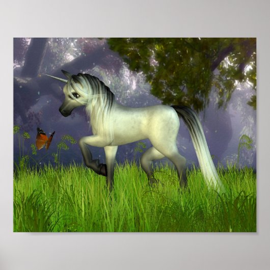 Niedliches Toon Unicorn mit Holzlandschaft Poster (Vorne)