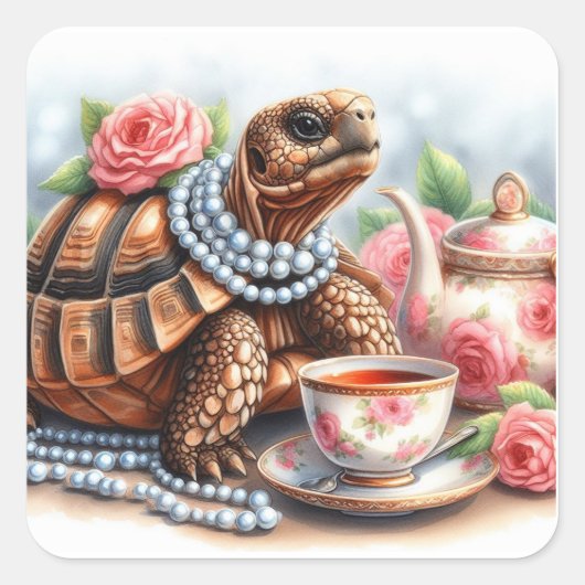 Niedliches Tortoise Tea Party Quadratischer Aufkleber (Vorderseite)