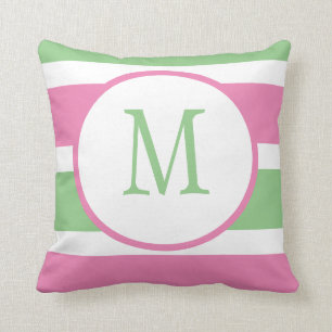 Niedliches Trendy Pink und Green Strip Monogramm Kissen