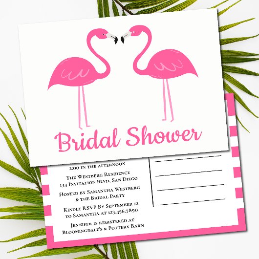 Niedliches Tropical Beach Pink Flamingo Brautparty Einladungspostkarte