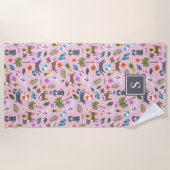 Niedliches Tropisches Hundemuster| Monogramm| Rosa Strandtuch (Vorderseite)