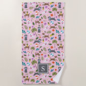 Niedliches Tropisches Hundemuster| Monogramm| Rosa Strandtuch (Vorderseite)