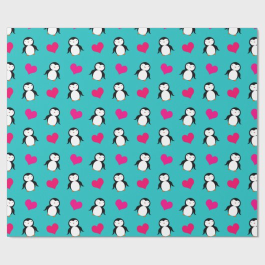 Niedliches Türkis Penguin-Herzmuster Geschenkpapier (Flach)