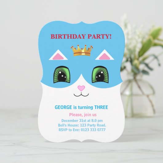 Niedliches Türkis und Weißer Prinz Tuxedo Katze Ge Einladung (Stehend Vorderseite)