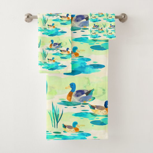 Niedliches türkisfarbenes Entenmuster Badhandtuch Set (Insitu)