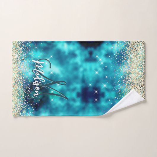 Niedliches türkisfarbenes Imitat Glitzer Monogramm Badhandtuch Set (Handtuch)