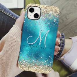 Niedliches türkisfarbenes Imitat Glitzer Monogramm Case-Mate iPhone 14 Hülle