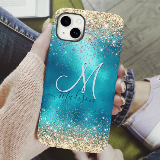 Niedliches türkisfarbenes Imitat Glitzer Monogramm Case-Mate iPhone Hülle