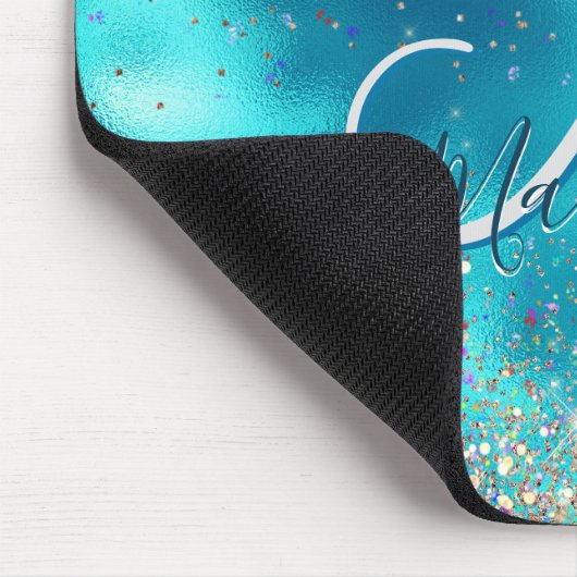 Niedliches türkisfarbenes Imitat Glitzer Monogramm Mousepad (Ecke)
