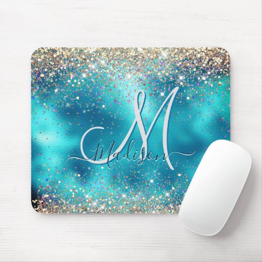 Niedliches türkisfarbenes Imitat Glitzer Monogramm Mousepad (Mit Mouse)