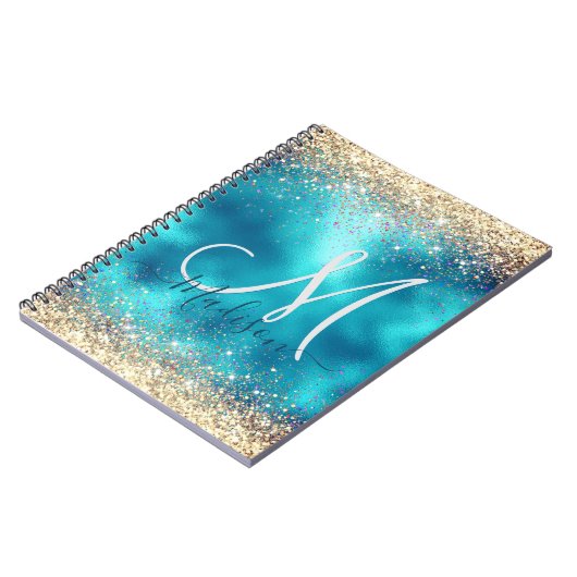 Niedliches türkisfarbenes Imitat Glitzer Monogramm Notizblock (Linke Seite)