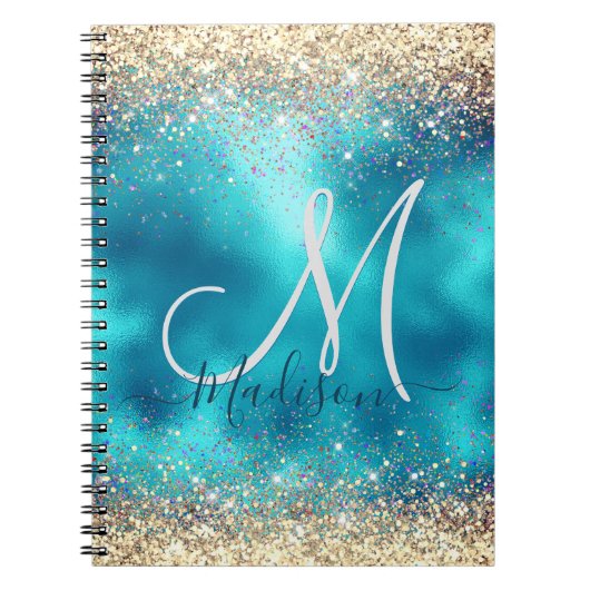 Niedliches türkisfarbenes Imitat Glitzer Monogramm Notizblock (Vorderseite)