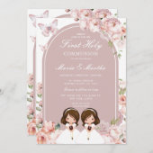 Niedliches Twin Girl Erste heilige Kommune Rosa Fl Einladung (Vorne/Hinten)