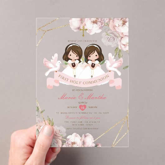 Niedliches TWIN Girl First Holy Communion Pink Flo Acryleinladungen (Insitu (Handheld))