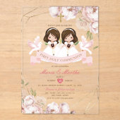 Niedliches TWIN Girl First Holy Communion Pink Flo Acryleinladungen (Vorderseite)