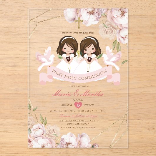 Niedliches TWIN Girl First Holy Communion Pink Flo Acryleinladungen (Vorderseite)