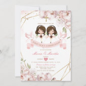 Niedliches TWIN Girl First Holy Communion Pink Flo Einladung (Vorderseite)
