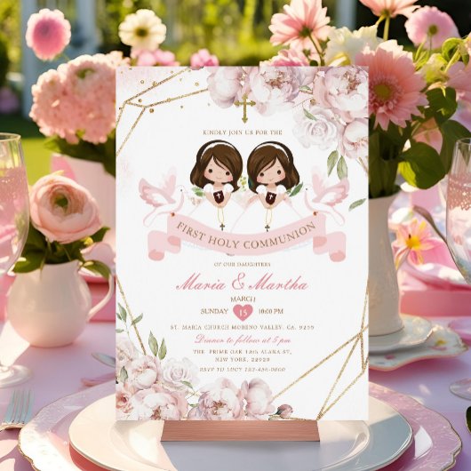 Niedliches TWIN Girl First Holy Communion Pink Flo Einladung