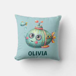 Niedliches U-Boot mit Fisch und Blasen Kissen