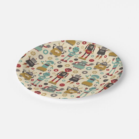 Niedliches u. der Spaß-Retro Roboter themed Party Pappteller (Schrägansicht)