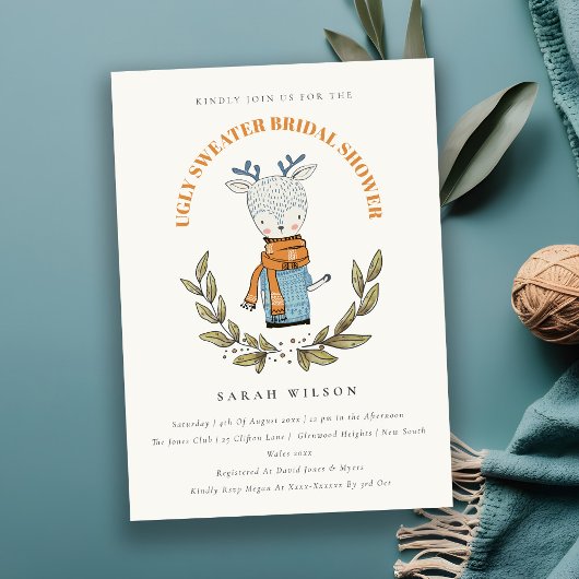 Niedliches Ugly Sweater Rentier Brautparty einlade Dankeskarte
