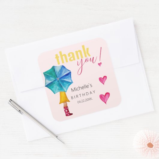 Niedliches Umbrella Girl Watercolor Illustrationsm Quadratischer Aufkleber (Umschlag)