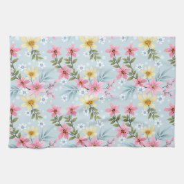 Niedliches und farbiges rosa gelbes, weißes Blumen Geschirrtuch